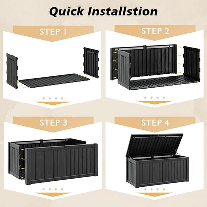 Fancyango 150 Gallon Outdoor Deck Box Waterproof, Large Storage Box for Patio, Resin Storage Bench Lockable for Garden Tools, Package Delivery, Black