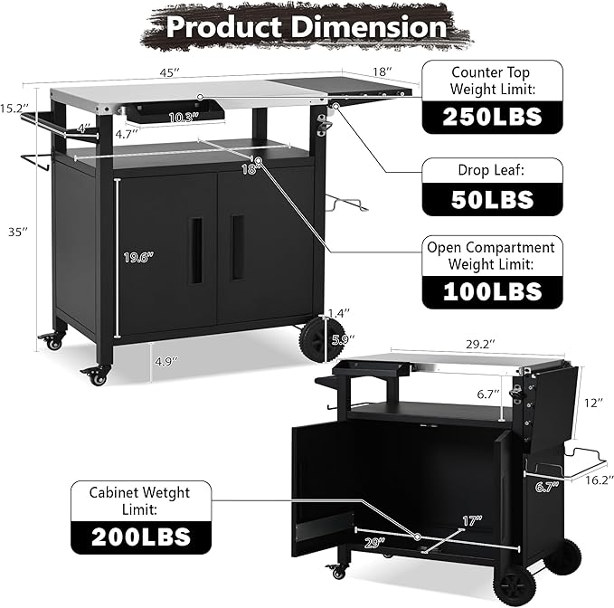 Outdoor Grill Cart with Storage, Stainless Steel Top Movable Kitchen Island for BBQ and Pizza Oven, Heavy Duty Food Prep Station with Foldable Shelf, Hooks and Waterproof Cover