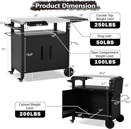 Outdoor Grill Cart with Storage, Stainless Steel Top Movable Kitchen Island for BBQ and Pizza Oven, Heavy Duty Food Prep Station with Foldable Shelf, Hooks and Waterproof Cover