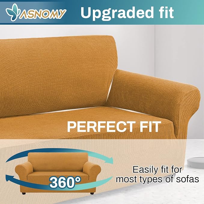 Asnomy Stretch Couch Covers Washable,loveseat Cover Slipcovers,Golden | 1-Piece Sofa Cover(55"-78") loveseat cover Furniture Protector Soft Jacquard,Non-Slip Elastic Bottom for Dogs & Kids