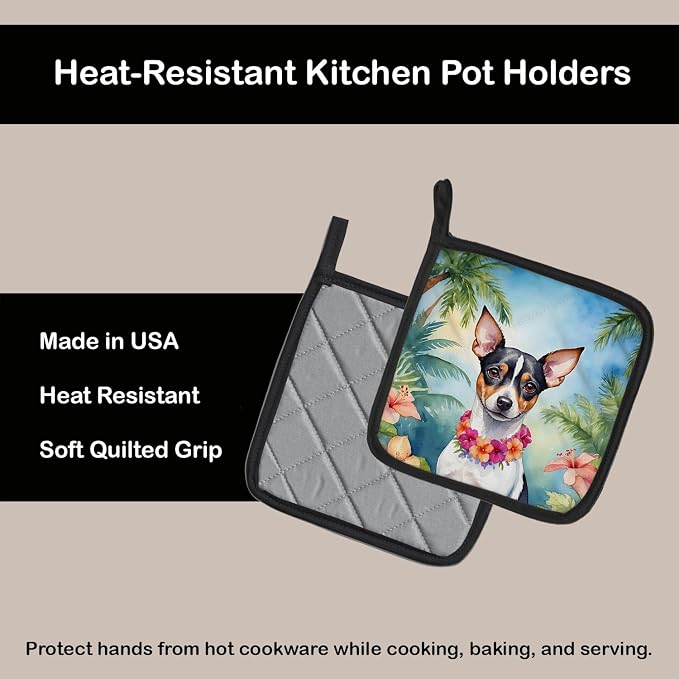 Caroline's Treasures Rat Terrier Luau Pair of Pot Holders Kitchen Heat Resistant Pot Holders Sets Oven Hot Pads for Cooking Baking BBQ, 7 1/2 x 7 1/2