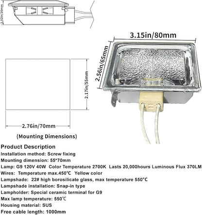 J&V bedebur Oven Lighting Assembly with High Temperatur Materials for BBQ Grill, Oven Light Bulb Replacement, Halogen Bulb 120V 40W
