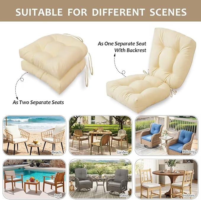 Outdoor Chair Cushions Set of 2, 19"x19" Tufted Outdoor Seat Cushions, Waterproof Patio Furniture Cushions,Beige