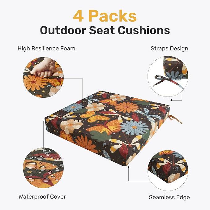 Outdoor Chair Cushions, Set of 4, 24"*24"*4", Water Resistant, Flower | High-Density Foam Patio Cushions with Ties, UV & Fade Resistant, Square Corner Seat Cushions for Outdoor Furniture