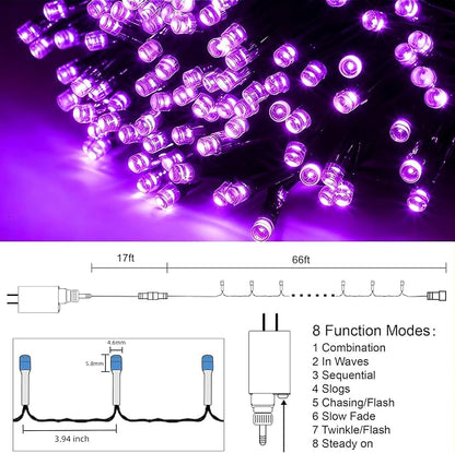 HOME LIGHTING 66ft Halloween Decorative Mini Lights, 200 LED Green Wire Fairy Starry String Lights Plug in, 8 Lighting Modes, for Indoor Outdoor Xmas Tree Wedding Party Decoration (Purple)