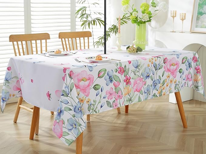 Spring Summer Floral Tablecloth with Umbrella Hole Rectangle 60 x 84 Inch Wildflower Butterfly Zippered Table Cloth, Waterproof Polyester Table Cover for Dining, Party, Picnic, Indoor, Outdoor, Pink