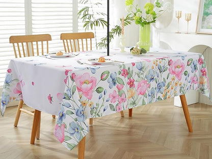 Spring Summer Floral Tablecloth with Umbrella Hole Rectangle 60 x 84 Inch Wildflower Butterfly Zippered Table Cloth, Waterproof Polyester Table Cover for Dining, Party, Picnic, Indoor, Outdoor, Pink