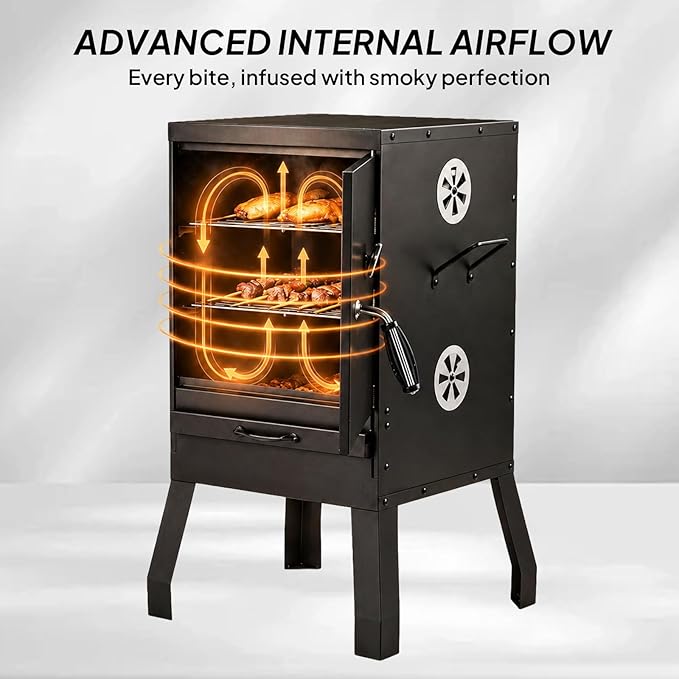 31in Portable Outdoor Charcoal Grill Smoker,Backyard Camping Barbecue Grills,Vertical Charcoal Smoker,with 2 Detachable Grill Netting Smoking Racks,for Patio Garden Beach Porch Lawn Yard (Black)