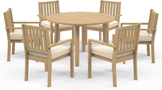 Wisteria Lane 7-Pieces Acacia Patio Table and Chairs Set for 6, Outdoor Dining Set with Table, Modern Patio Table Set with Cushion, Patio Furniture Set for Backyard Deck Garden Porch, Brown