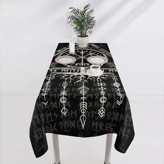 Vintage Viking Pattern Tablecloth, Gothic Helm of Terror Scandinavian Viking Seasonal Table Cloth Waterproof Wipeable Table Cover for Picnic Holiday Party Kitchen Dining 60x110