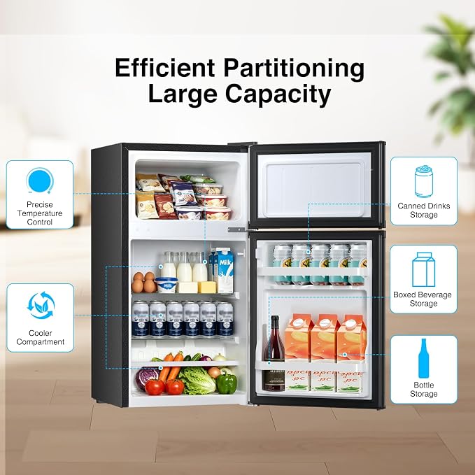 Kismile 2.6 Cu.Ft Mini Fridge with Freezer for Bedroom & Office, Black | Compact Refrigerator with 2 Reversible Doors, 3-level Adjustable Thermostat, Removable Shelves & Interior Light for Dorm