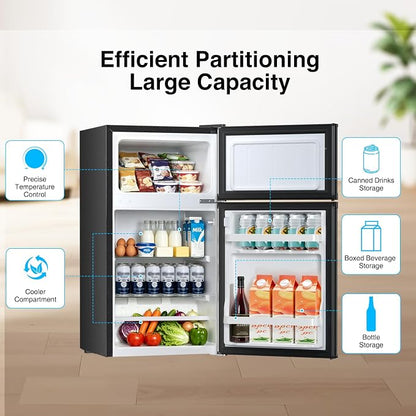 Kismile 2.6 Cu.Ft Mini Fridge with Freezer for Bedroom & Office, Black | Compact Refrigerator with 2 Reversible Doors, 3-level Adjustable Thermostat, Removable Shelves & Interior Light for Dorm