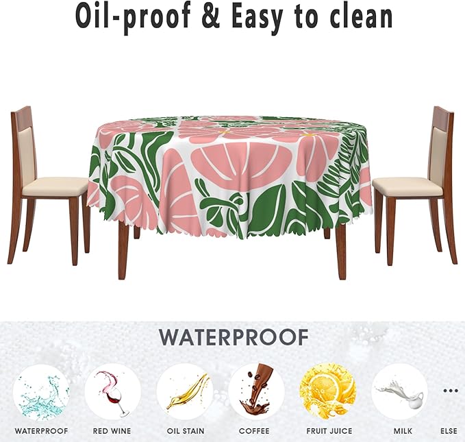 Green Pink Abstract Flowers Round Tablecloth Seasonal Paisley Circle Table Cloth Perfect for Spring Home Decor Indoor Outdoor Washable Wrinkle Free Table Cover for Picnic Camping 60x60 Inch