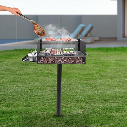 Undercat Park-Style Charcoal Grill Single Post Outdoor BBQ Grill with Adjustable Grates and Side Racks Heavy Duty Steel Grill for Camping, Outdoor Cooking, Backyard, Patio
