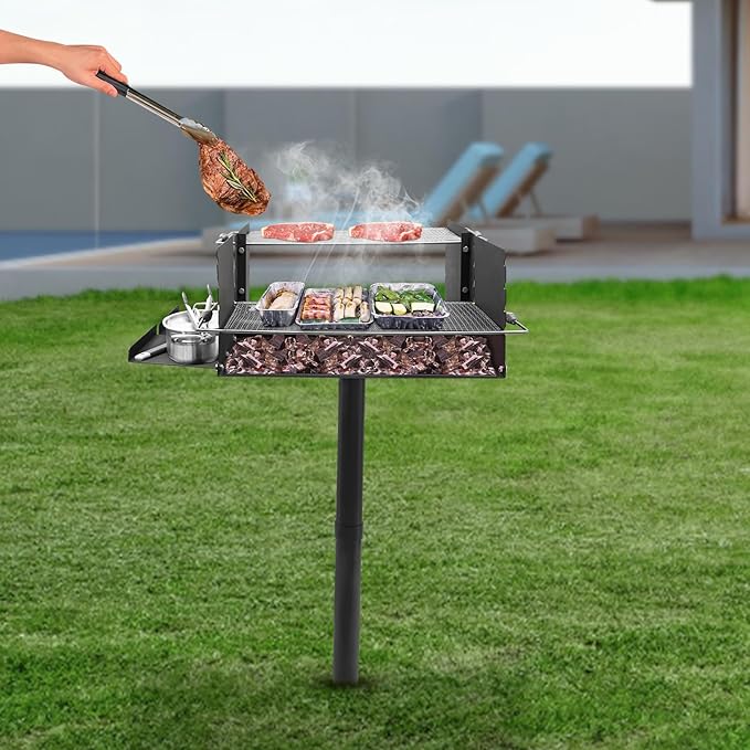 Park Style Charcoal Grill,Double Layer Portable Park BBQ Grill,Heavy Duty w/4 Gears Adjustable Table Height Cooking Grate For Commercial And Outdoor Cooking, Rv Cooking, Camping, Tailgating, Black