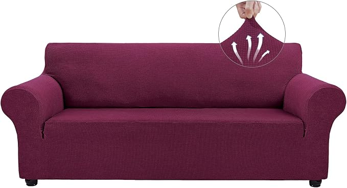 Asnomy Stretch Couch Covers for Sofa Washable, 3 Cushion Couch,Wine Red | 1-Piece Sofa Covers(78"-94") 3-Seater Furniture Protector Soft Jacquard,Non-Slip Elastic Bottom For Dogs & Kids