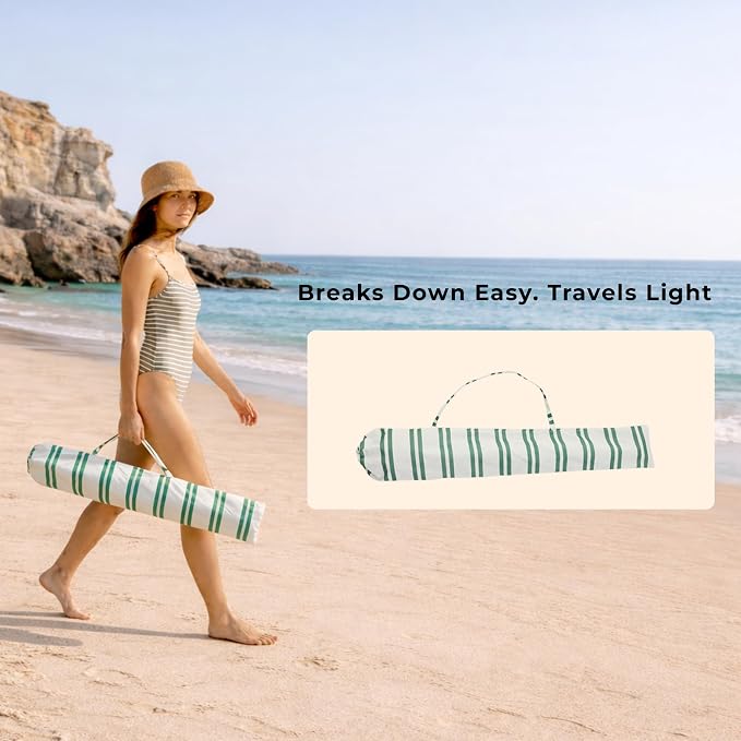 6FT Striped Fringe Beach Umbrella, Sand Anchor, UPF 50+ Sun Shade | Adjustable Tilt & Portable Design, Coastal Umbrella for Beach & Patio, Heritage Ocean Cypress Stripe