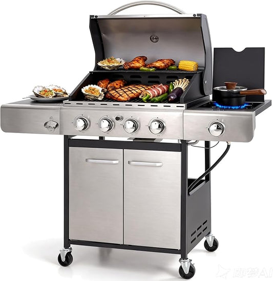 Sophia & William 4-Burner Propane Gas BBQ Grill with Side Burner and Porcelain-Enameled Cast Iron Grates, Stainless Steel Barbecue Grills Outdoor Cooking, Silver Cabinet Style, 42,000BTU
