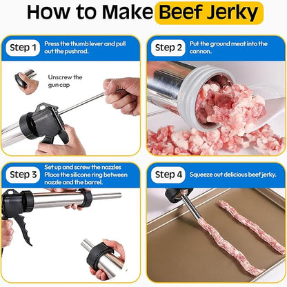 Professional Jerky Gun Kit – Stainless Steel Beef Meat Maker Machine with 5 Nozzles, 1 Meat Pusher, 5 Cleaning Brushes (2 Sets), Sausage Shooter Accessories & Bonus Pair of Gloves