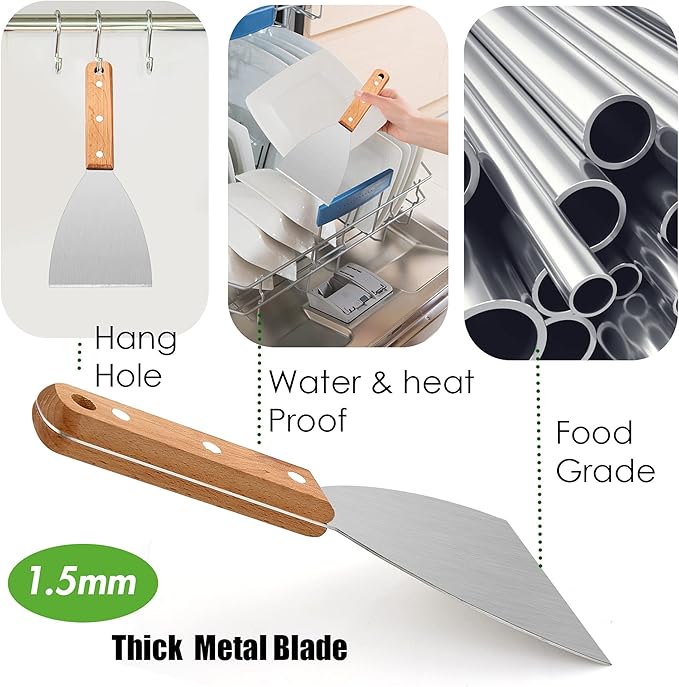 Leonyo Grill Griddle Scraper Set of 2, Stainless Steel Metal Flat Top Grill Scraper Tool for Dough Pancake Pizza Home Baking Cooking Teppanyaki BBQ, Wooden Handle