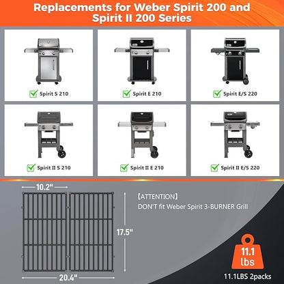 QuliMetal 7637 Grill Grates for Weber Spirit E210,E220,S210,S215 with Front Control,Replacement Grill Parts for Weber Spirit 200 & GS4 Spirit II E210,Spirit II E220,17.5 x 10.2 Inch,2-Pack