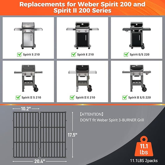 QuliMetal 7637 Grill Grates for Weber Spirit E210,E220,S210,S215 with Front Control,Replacement Grill Parts for Weber Spirit 200 & GS4 Spirit II E210,Spirit II E220,17.5 x 10.2 Inch,2-Pack