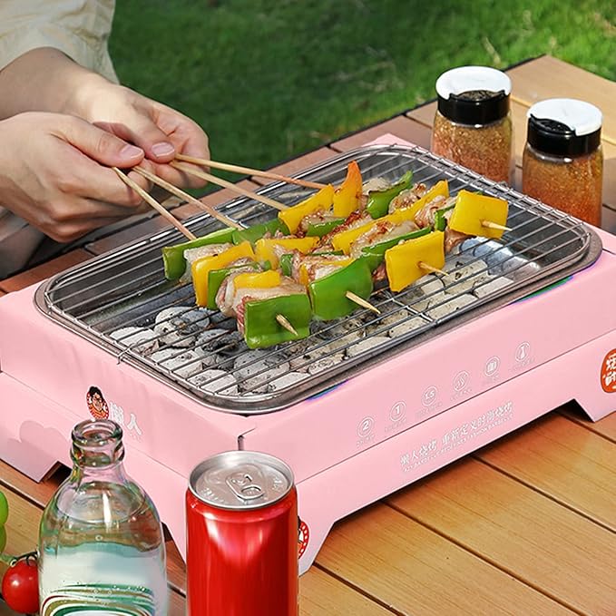 Portable Charcoal Grill, Compact Detachable Stainless Steel BBQ Smoker, Single Use Barbecue Grill for Outdoor Camping, Easy to Carry and Clean (Pink (containing 30 Charcoal))