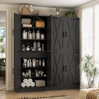 Unikito 71" Tall Kitchen Pantry Cabinet with Farmhouse Barn Doors and Storage Drawer, 4 Adjustable Shelves, Freestanding Cupboard for Kitchen, Dining Room, Living Room, Utility Room, Black 2 Pack