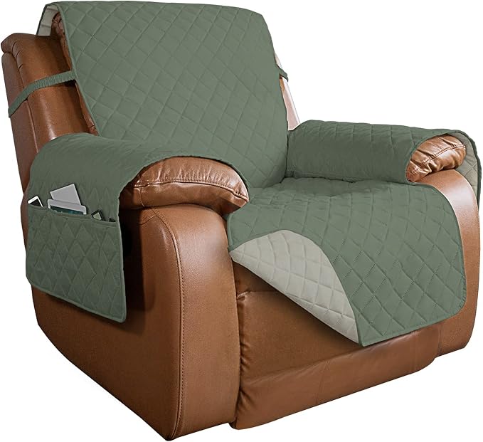 PureFit Reversible Recliner Chair Covers Couch Covers for Dogs, 28 in | Greyish Green/Beige, Water Resistant Couch Protector, Washable Pet Couch Cover with Non Slip and Elastic Straps For Kids