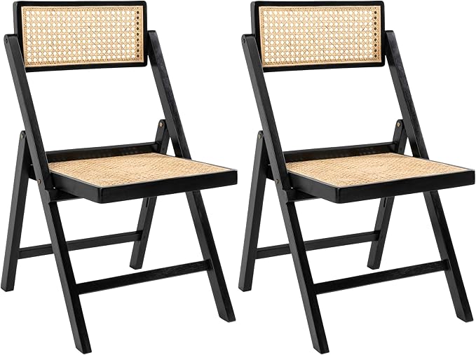 JONATHAN Y Theo Teak Wood and Rattan Folding Chairs, Set of 2, Black | Woven Cane Seat, Back, Portable Lightweight Design, For Dining Room, Living Room, Mid-Century Vintage Bohemian Style