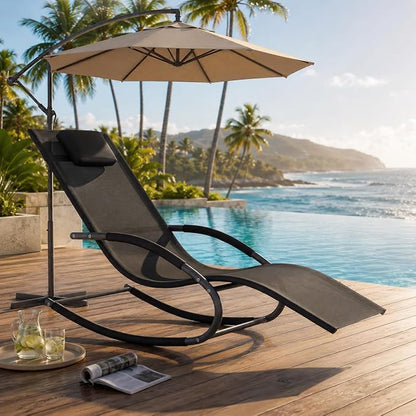 Garvee Outdoor Lounge Chair, Rocking Chair, Lounge Chair Recliner with Detachable Pillow for Patio, Lawn, Pool, Outdoor Home Furniture, Black