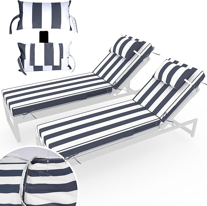 Chaise Lounge Cushions Outdoor Set of 2 Lounge Chair Cushion 72" L x 21" W with Headrest Straps 3'' Thick Waterproof Patio Chaise Cushions Pool Lounger Chair Cushion(Blue Stripe)