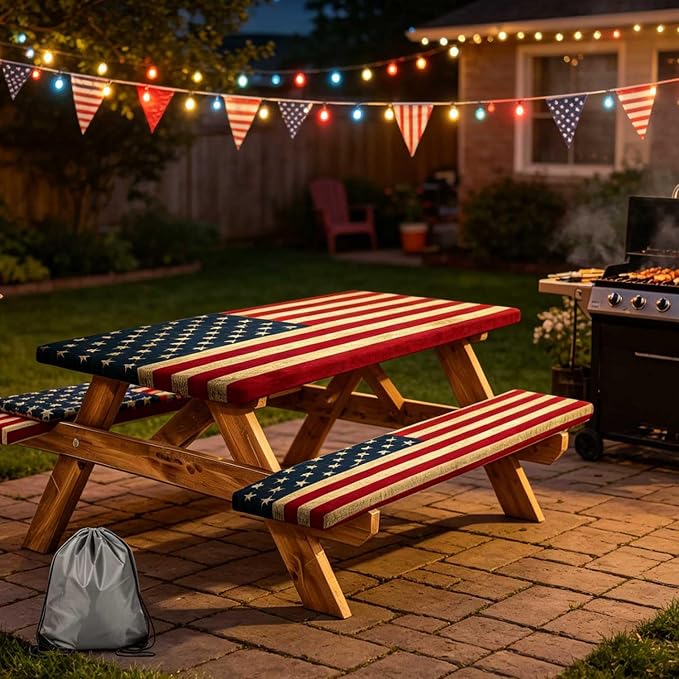 JAWO American Flag Picnic Table Cover with Bench Covers and Carrying Bag, Camping Essentials, Flag Outdoor Table Covers, Waterproof, Fitted Tablecloth Cover with Elastic Edge, 3 PCS, 30X72 Inch
