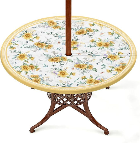 Elastic Zipper Patio Table Cover with Umbrella Hole Waterproof Polyester Outdoor Tablecloth, Windproof Fitted Round Table Cover for Picnic, Garden & Backyard