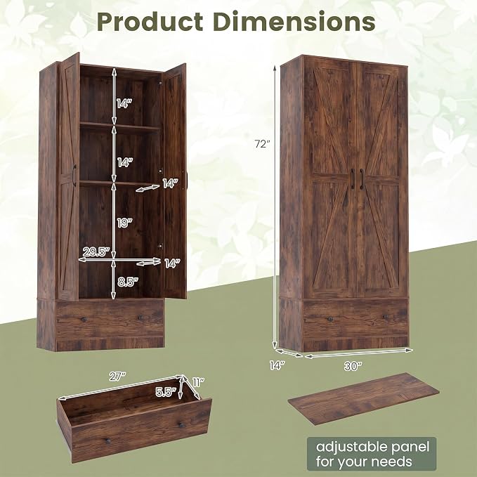 GIANTEX 72" Tall Kitchen Pantry Cabinet, Farmhouse Cupboard, Rustic Brown | Wooden Buffet Cabinet w/ 2 Doors, Drawer & Adjustable Shelf, Freestanding Versatile Storage Cabinet for Living Room Bathroom
