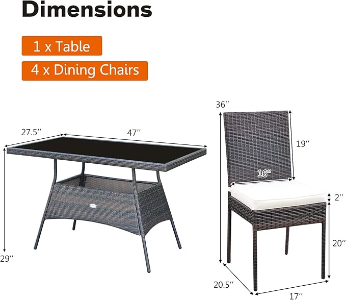 Tangkula 5 Piece Patio Wicker Dining Set, Outdoor Rattan Table and Chairs with w/Tempered Glass Table Top & Padded Cushions, Wicker Patio Conversation Furniture Set for Balcony Patio Garden Poolside