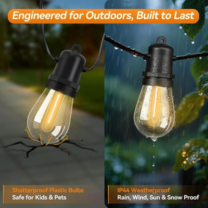 96FT LED Outdoor String Lights with 32+2 Shatterproof LED Bulbs | Hanging Lights for Patio Weatherproof, Warm White, Connectable Lights Plug in for Party, Cafe, Bistro and Backyards (2 Pack)