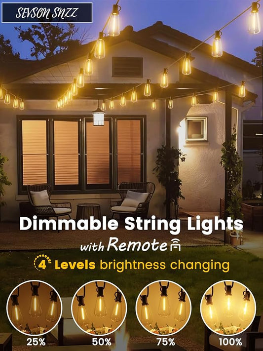 50FT Outdoor String Lights with Remote & Dimmer, Waterproof Patio Lights Commercial Grade ST38 LED - Shatterproof Edison Bulbs, Vintage Hanging Lighting for Backyard Garden Party