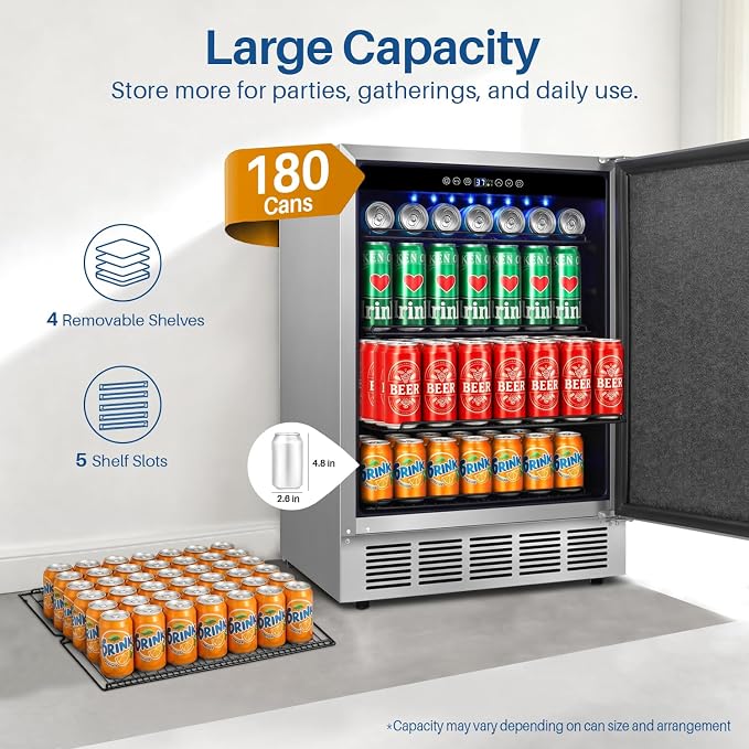 24 Inch Outdoor Beverage Refrigerator Holds Up to 180 Cans for Soda, Beer, Built-In or Freestanding Outdoor Fridge with Stainless Steel Door for Outdoor Kitchen, Patio, Home Bar