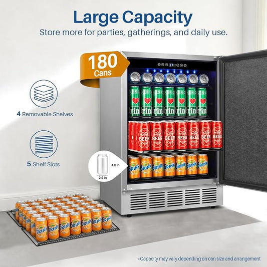 24 Inch Outdoor Beverage Refrigerator Holds Up to 180 Cans for Soda, Beer, Built-In or Freestanding Outdoor Fridge with Stainless Steel Door for Outdoor Kitchen, Patio, Home Bar
