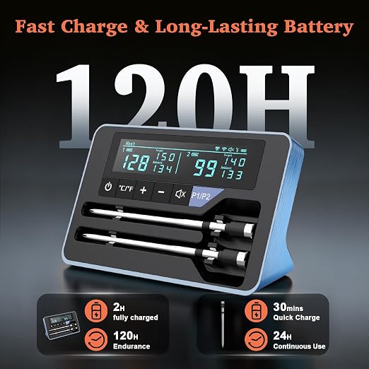 Bluetooth Wireless Meat Thermometer Digital for BBQ Oven Smoker Grill | 800FT Food Thermometer for Cooking with Standalone Base, 2 Meat Probes with Dual Sensors, NIST Certified Accuracy