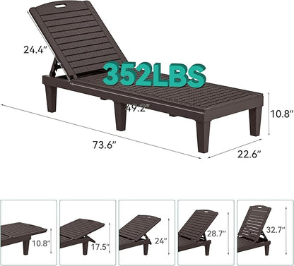YITAHOME Outdoor Chaise Lounge Chair, Plastic Pool Chaise Lounge with 5-Position Backrest, Easy Assembly & Waterproof for Patio & Poolside, Set of 2, Brown