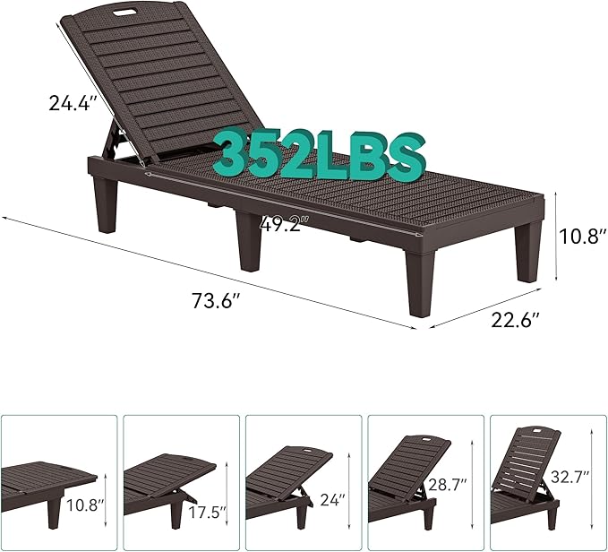 YITAHOME Outdoor Chaise Lounge Chair, Plastic Pool Chaise Lounge with 5-Position Backrest, Easy Assembly & Waterproof for Patio & Poolside, Set of 4, Brown