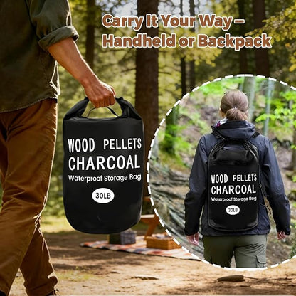 30LB Waterproof Wood Pellet Storage Bag 2 Pack, Heavy Duty 500D PVC Charcoal Grill Pellet Bag with Dual Shoulder Straps & Carry Handles, Foldable BBQ Fuel Storage with Buckle Seal, Label Pocket Scoop