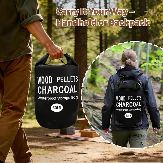 30LB Waterproof Wood Pellet Storage Bag, Heavy Duty 500D PVC Charcoal & Grill Pellet Bag with Dual Shoulder Straps & Carry Handles, Foldable BBQ Fuel Storage with Buckle Seal, Label Pocket & Scoop