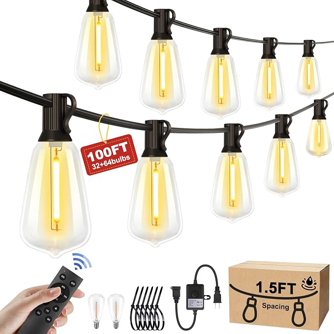 Outdoor String Lights 100FT with 64 Bulbs 1.5FT Spacing, 120W Dimmer,Remote | 120W Dimmer, Remote, Dimmable, Cable Ties, 1.5FT Spacing, End-to-End Connectable, Waterproof for Patio Outside Backyard
