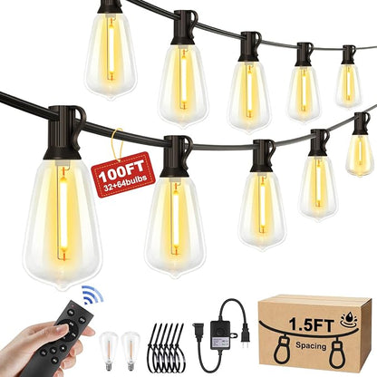 Outdoor String Lights 100FT with 64 Bulbs 1.5FT Spacing, 120W Dimmer,Remote | 120W Dimmer, Remote, Dimmable, Cable Ties, 1.5FT Spacing, End-to-End Connectable, Waterproof for Patio Outside Backyard
