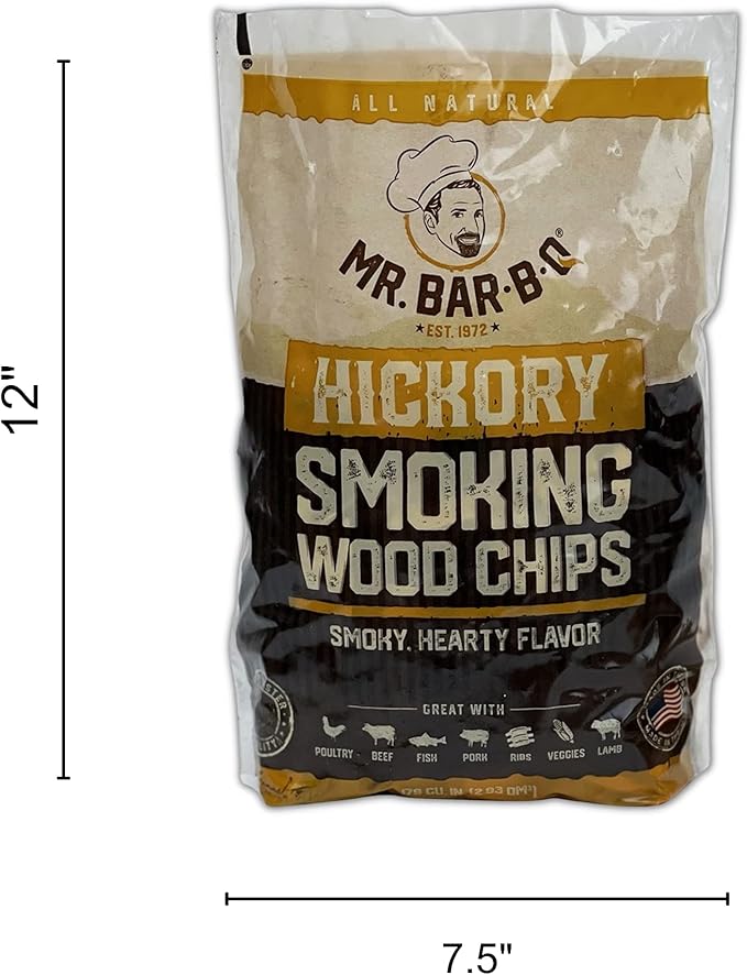 Mr. Bar-B-Q Hickory Wood Smoking Chips, 100% All Natural Wood Chips for Smokers, Works with Smoker, Gas, Electric Grill, Smoky & Fruity Flavor for Picnics, Grilling, Smoker, BBQ & Camping (1.8 Lb Bag)