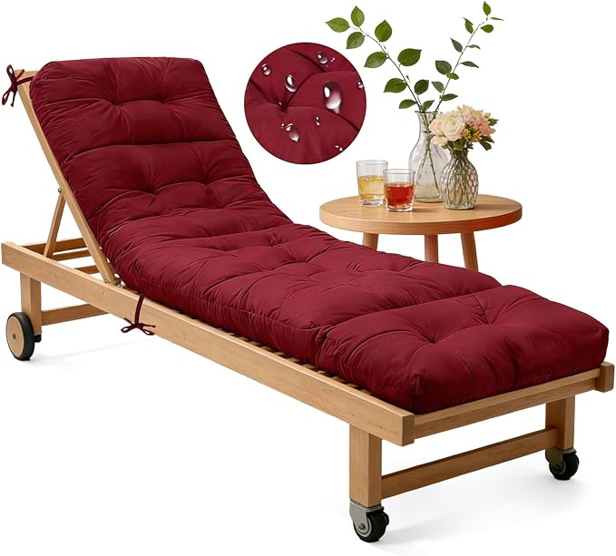 Outdoor Chaise Lounge Chair Cushion - Waterproof 74.8 x 21.7 x 4.7 Inches Memory Foam Pool Lounge Chair Cushions Replacement for Outdoor Furniture with Ties: Thickened Pool Chair Cushions, Red