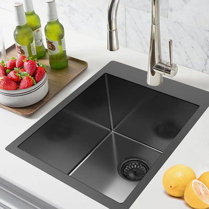 15 x 20 Inch Drop In Bar Sink Black, 18 Gauge Gunmetal Black Stainless Steel Single Bowl Topmount Wet Bar & RV Sink with Bottom Grid & Basket Strainer